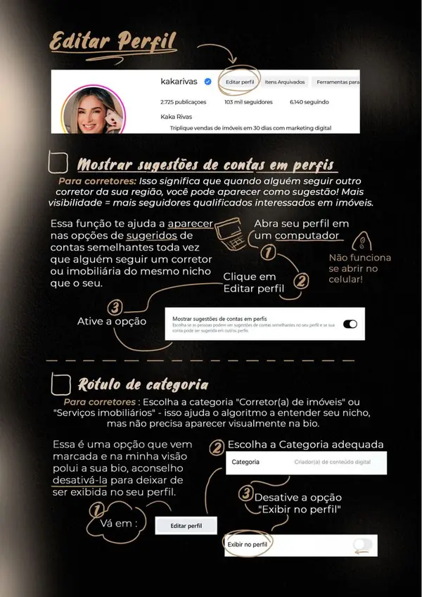 Página: Editar perfil, sugestões de contas e rótulo de categoria